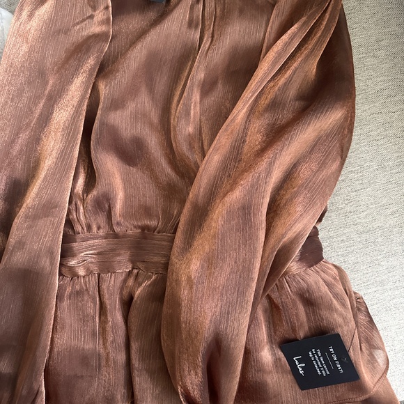 Lulus Ideal Behavior Bronze Metallic Backless Tiered Mini Dress Brown - Size M - Picture 2 of 2